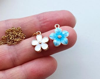 white flower pendant necklace, thin layered small necklace. Perfect minimalist style. white or blue flower pendant