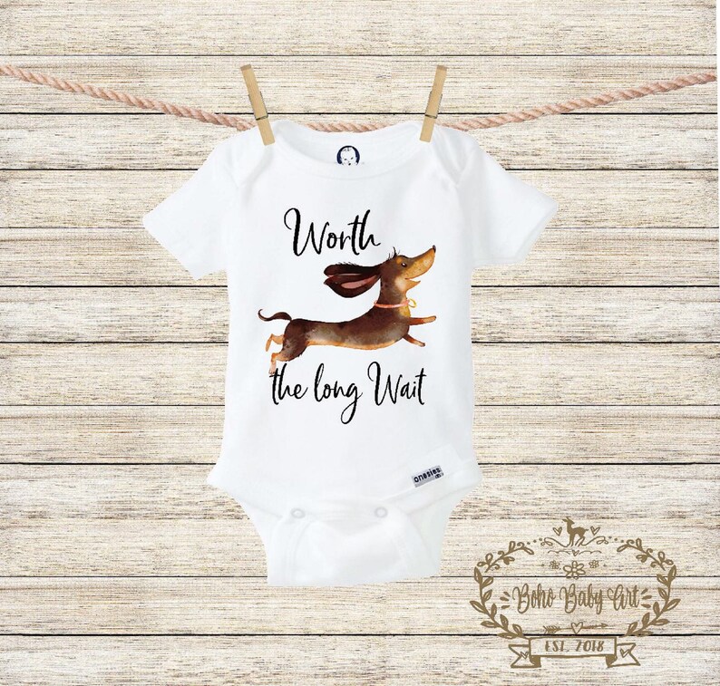 Worth the Wait Onesie\u00ae Pregnancy Reveal Unisex Baby Clothes Dotson Baby Onesie Long Wait Wiener Dog Onesie Pregnancy Announcement