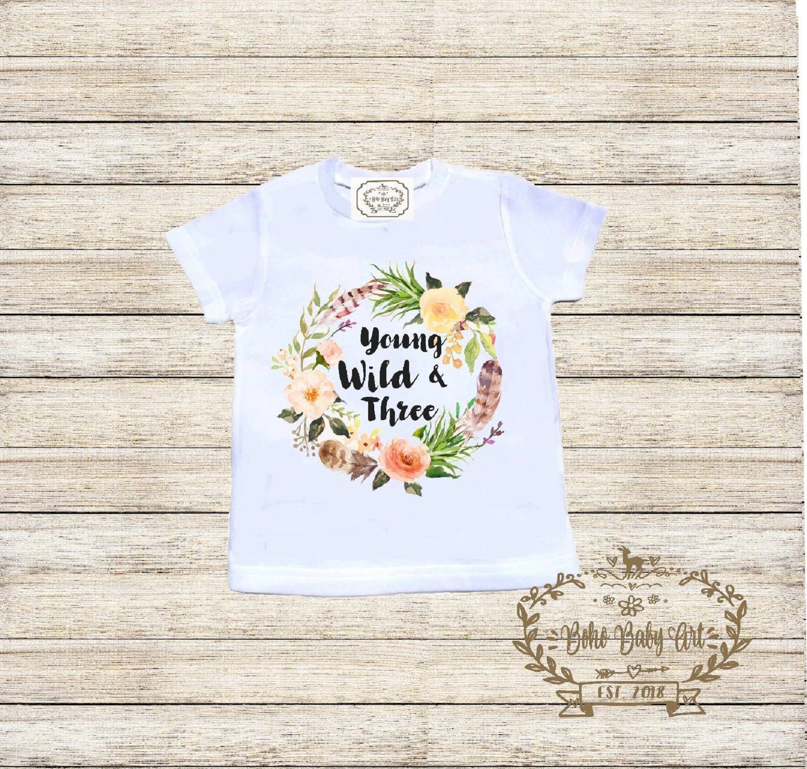 Young Wild and Three Boho Baby Clothes Third Birthday Shirt Personalized Baby Boho Bodysuit Toddler T-shirt Baby Shower Gift Custom Clothes Infant Bodysuit Baby Boho Clothes Baby Boho Designs 