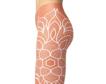 Apricot Mandala Leggings, High Waist Leggings, Yoga Tights, Printed Leggings, Plus Size Leggings, Workout Leggings, Women Leggings, Capris