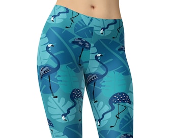 Blue Flamingo Leggings, Tropical Bird Leggings, Printed Leggings, Women's Leggings, Workout Leggings, Plus Size Leggings, Yoga Pants, Capris
