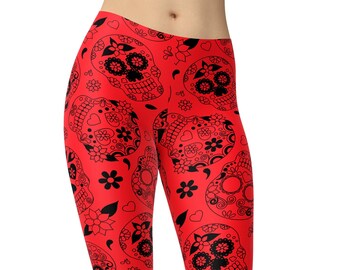 Sugar Skull Leggings, Red Leggings, Printed Leggings, Workout Leggings, Leggings for Women, Yoga Pants, Yoga Capris, Plus Size Leggings