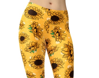 Sunflower Leggings, Floral Leggings, Printed Leggings, Workout Leggings, Leggings for Women, Capri Leggings, Plus Size Leggings, Yoga Pants