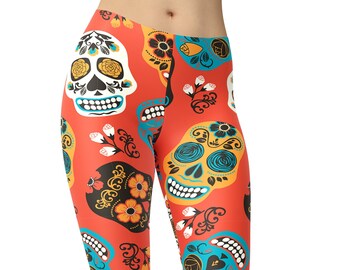 Sugar Skull Leggings, Printed Leggings, Capris, Plus Size Leggings, Crazy Unique Gym Workout Leggings For Women, Yoga Pants, Day of the Dead