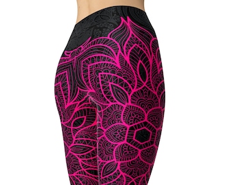 Black Pink Mandala Leggings, Yoga Pants, High Waist Leggings, Printed Leggings, Plus Size Leggings, Workout Leggings, Women Leggings, Capris
