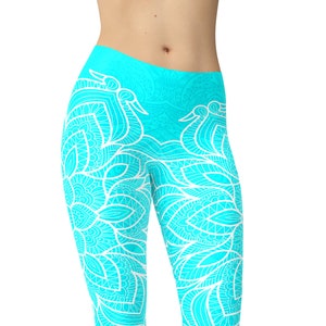 Cyan Blue White Mandala Leggings, Yoga Pants, High Waist Leggings, Printed Leggings, Plus Size Leggings, Workout Leggings, Women Leggings