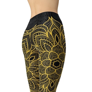 Złote czarne legginsy mandala, spodnie do jogi, legginsy z wysokim stanem, legginsy z nadrukiem, legginsy w dużych rozmiarach, legginsy do ćwiczeń, legginsy damskie, capri