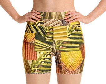 Bladeren gedrukte yoga broek, hoog getailleerde broek, Festival shorts, gym shorts, vrouwen shorts, yoga kleding, Festival kleding