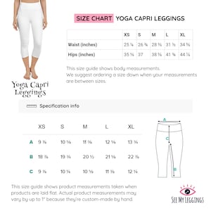 May include: Size chart for yoga capri leggings with measurements in inches. The chart shows waist and hip measurements for sizes XS, S, M, L, and XL. A diagram shows the measurements for the length of the leggings, labeled A, B, and C.
