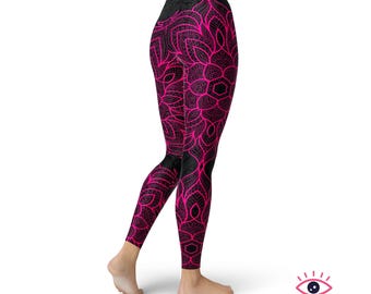 Black Pink Mandala Leggings for Women, Black High Waisted Leggings, Printed Plus Size Yoga Pants, Buttery Soft Gym Tights
