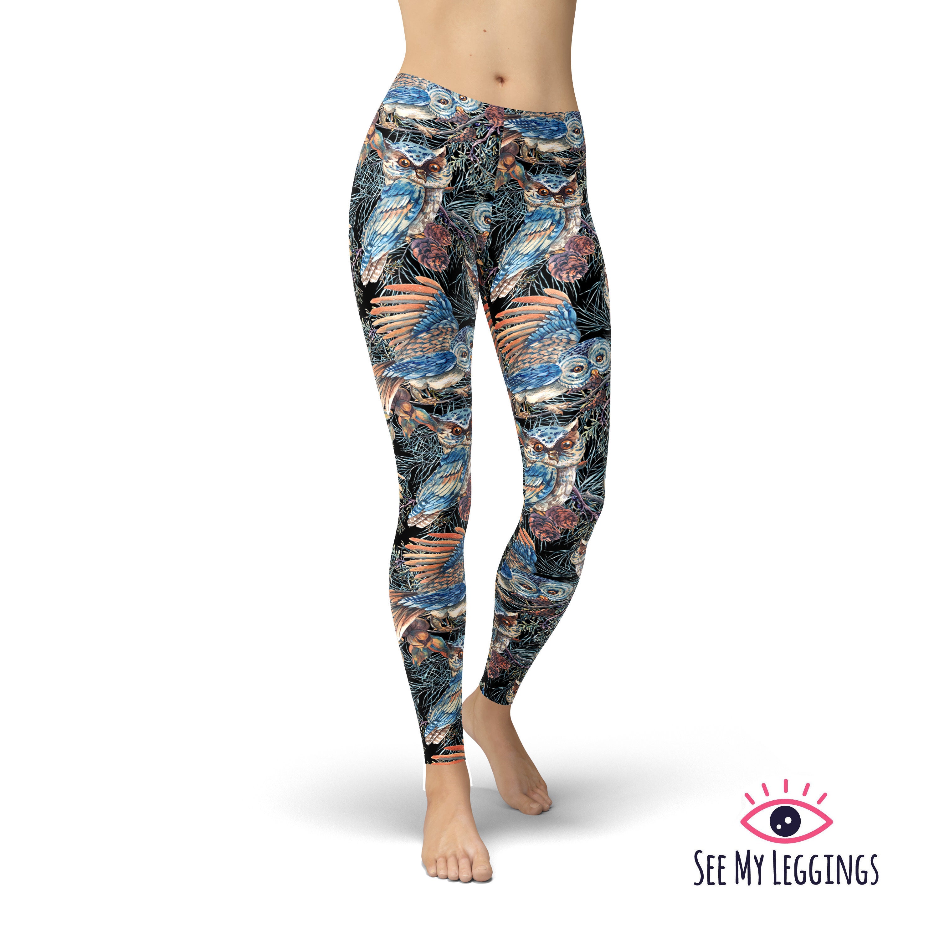 Hand Drawn Owls Leggings, Woman's Printed Leggings, Capri Workout Leggings, Yoga Exercise Pants,