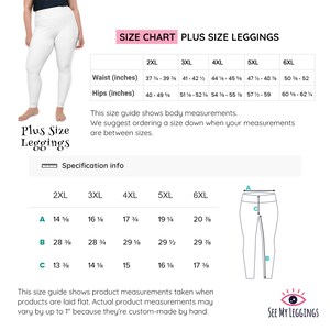 May include: Size chart for plus size leggings, showing waist and hip measurements in inches for sizes 2XL to 6XL. A diagram shows the measurements for inseam, rise, and leg opening.