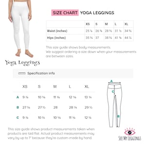 May include: Size chart for yoga leggings with measurements in inches for waist and hips in XS, S, M, L, and XL sizes. A diagram shows the measurements for inseam, waist, and hip.