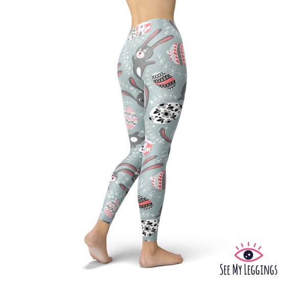 White Rabbit Eggs Grey Easter Yoga Tights Short Running Pants Workout