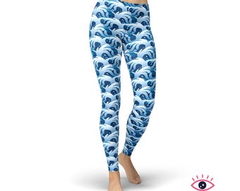 Sea Waves Leggings for Women, High Waisted Workout Leggings, Printed Plus Size Yoga Pants, Buttery Soft Gym Tights