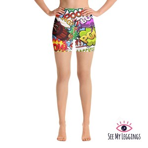 Pantalones cortos de yoga estilo Pop Art para mujer, pantalones cortos de entrenamiento de cintura alta, pantalones cortos estampados para festivales y gimnasio, pantalones cortos para correr muy suaves. imagen 2