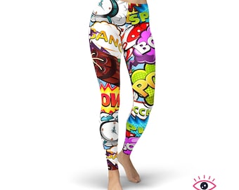 Comic Pop Art Leggings for Women, High Waisted Workout Leggings, Printed Plus Size Yoga Pants, Buttery Soft Gym Tights