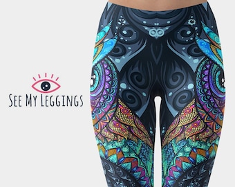 Owl Ornamental Leggings for Women, High Waisted Workout Leggings, Printed Plus Size Yoga Pants, Buttery Soft Gym Tights