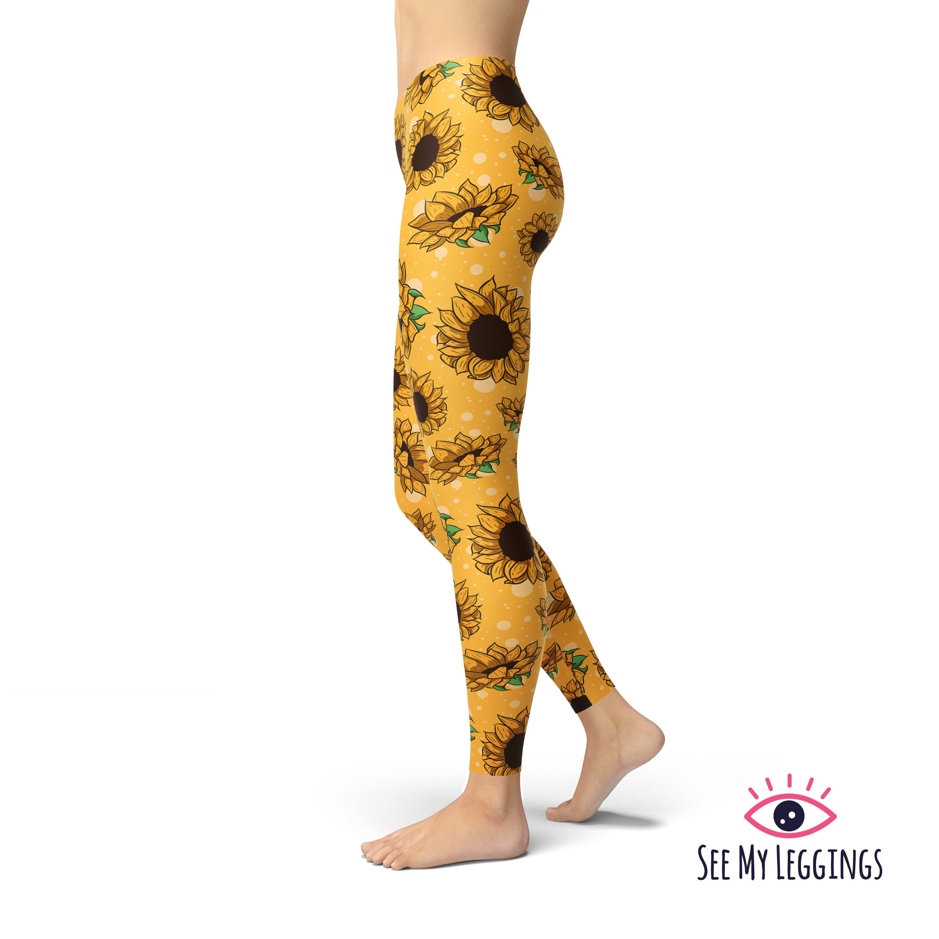 Black Sunflower Print Women's Leggings