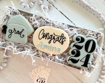 Graduation Cookies - Congrats Grad Gift Box - Personalized Name Cookie - Choose Your School Colors