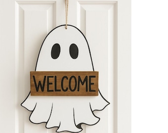 Custom Painted Ghost Door Hanger-Halloween Porch Sign-Spooky Season Decor-Fall Front Door Hanger | Cute Halloween Decoration