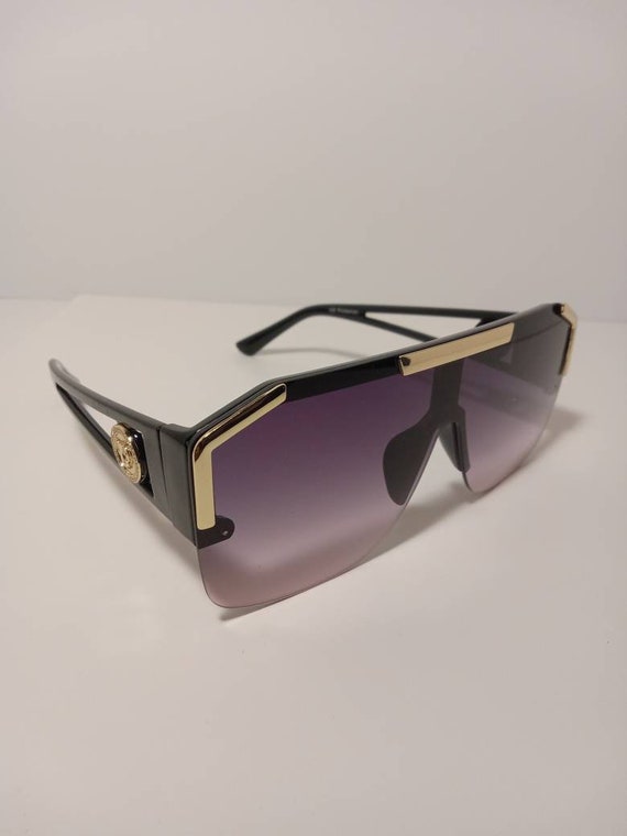 Fabulous Black With Gold Trim Lavender Lens Shield Designer | Etsy