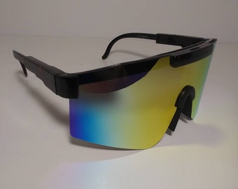 Cycling  Sport Wrap Sunglasses. Black Frame With Red Paint Splashed Frame Rainbow Colored Mirror Reflective Lenses Free Soft Case Included