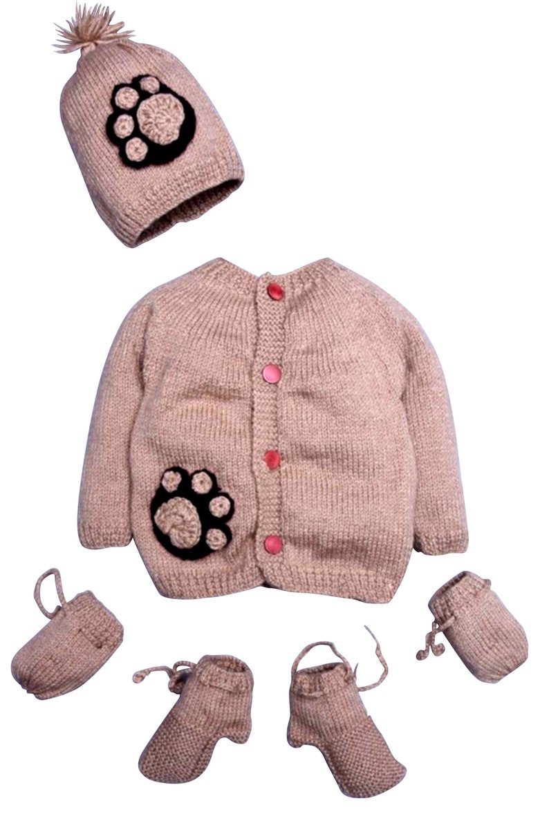 Dog Paws Cute Cardigan Button up Newborn Toddler Sweater Set Includes Unisex handmade 3 Piece Knitted Crochet Set Booties haT mittens