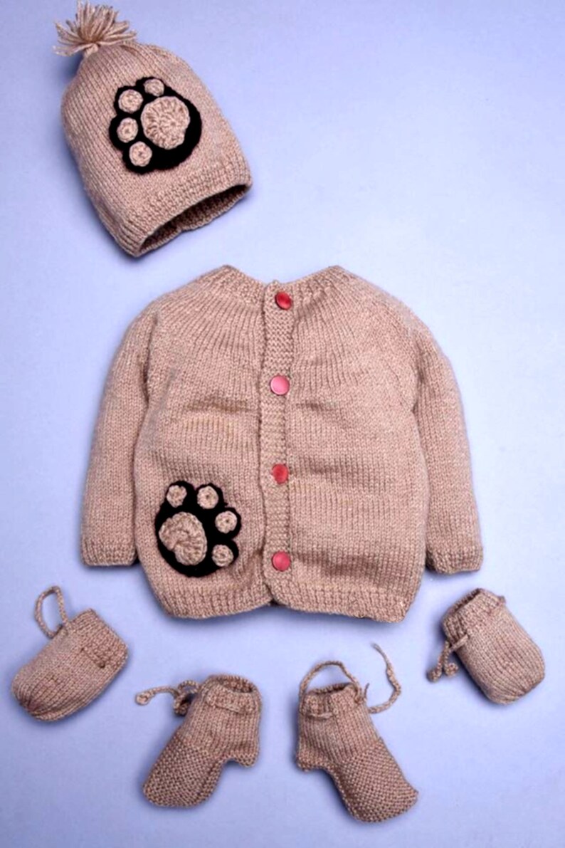 Dog Paws Cute Cardigan Button up Newborn Toddler Sweater Set Includes Unisex handmade 3 Piece Knitted Crochet Set Booties haT mittens