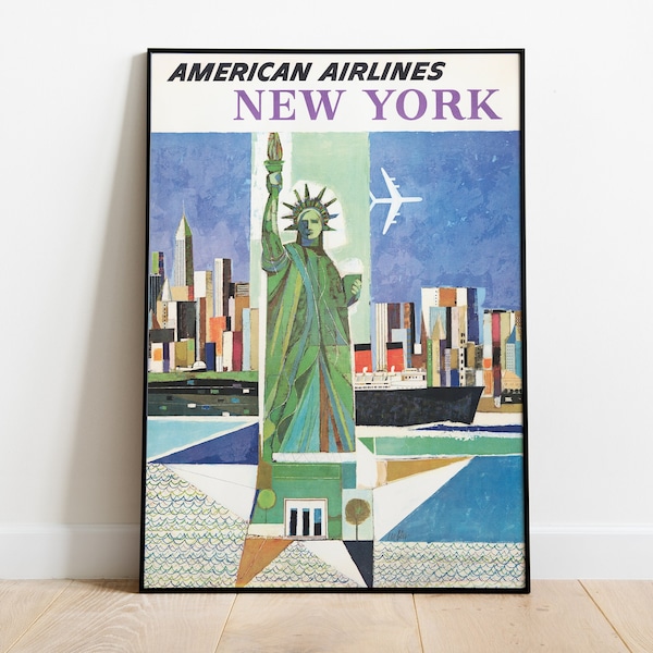 Vintage American airlines travel poster Statue of Liberty print NYC skyline Wall Art, New York Boho Wall Decor Large Wall Art