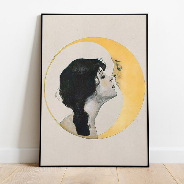 Vintage Woman Kissing Moon Poster - Dear Old Dixie Moon, Antique Moon Face, Art Nouveau, Whimsical Victorian Art, Crescent Moon Wall Decor