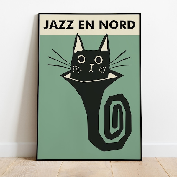 Affiche Jazz En Nord Le chat noir vert sauge, affiche du festival d'art mural, affiche de musique vintage