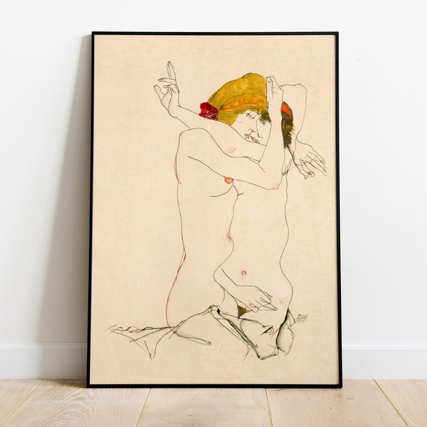 Poster Deux femmes enlacées LGBTQ Impression d'art mural Egon Schiele Reproduction d'affiche Egon Schiele, Idée cadeau pour pendaison de crémaillère, Art mural déco