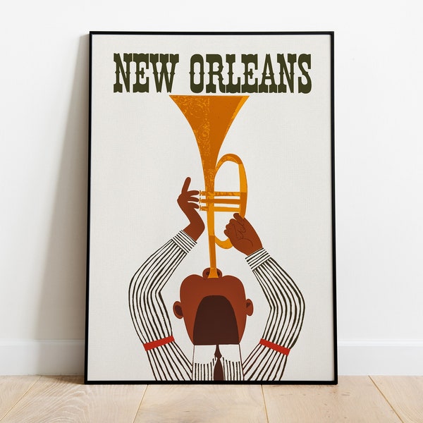 New Orleans Art, Music Print, Vintage Wall Art, Jazz Wall Art, Trumpet Player Art, Retro Wall Decor