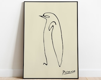 Pablo Picasso Penguin Wall Art print, One line art Poster, Beige Animal Line Art Decor