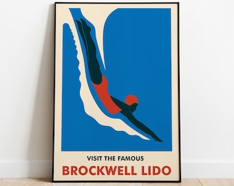 Brockwell Lido Vintage travel poster Diver Art Print swimming wall art poster