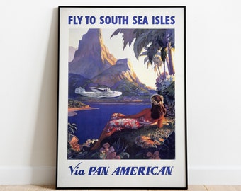 Vintage South Sea Isles Pan Am Airline Travel poster Aviation wall art print Mid-century 1940s Pan American airways Hand Drawn Advertisement