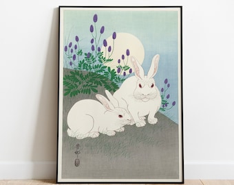 Vintage Japanese Rabbits at full moon wall art print Ohara Koson poster Bunny wall art Ukiyoe Asian wall art