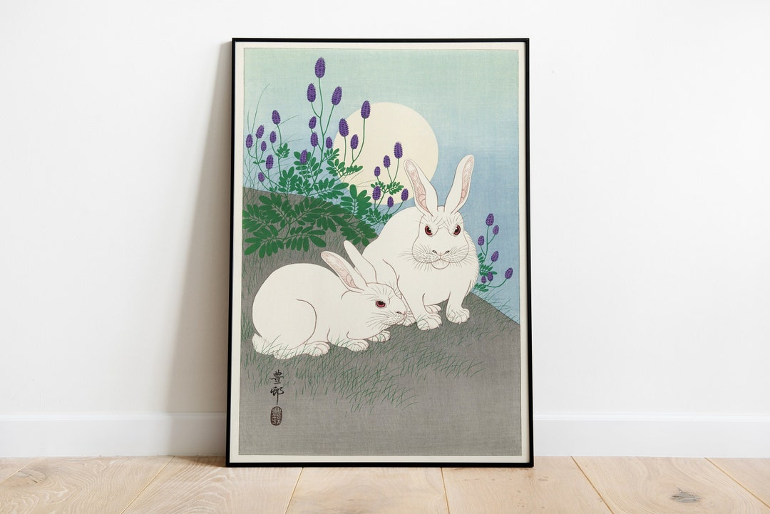 Vintage Japanese Rabbits at Full Moon Wall Art Print Ohara Etsy