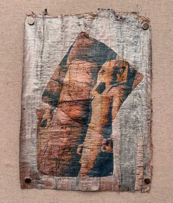 Seeing Amenhotep, a collage of Polaroid™ emulsion lifts on dark Egyptian papyrus