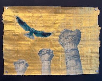 Kite over Columns, cyanotype and dye sublimation thermal transfer on Egyptian papyrus