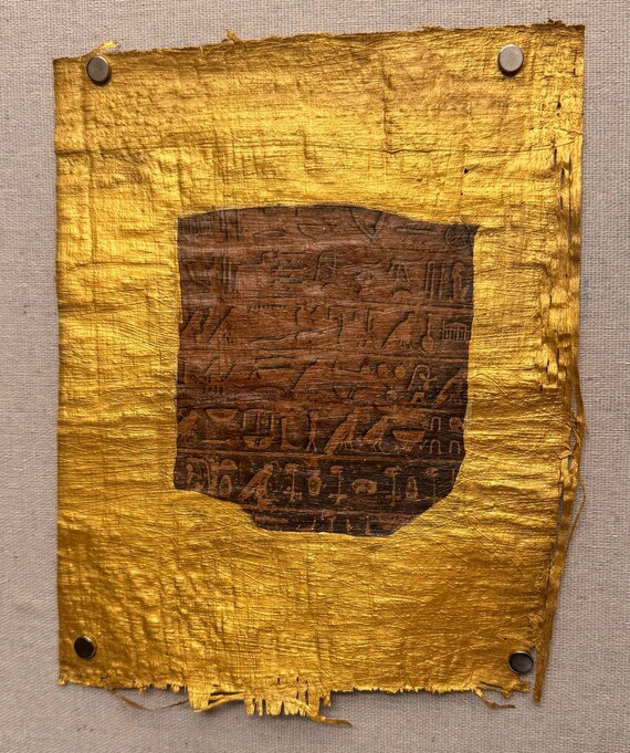 Inventions of the gods, Polaroid™ emulsion lift on dark Egyptian papyrus