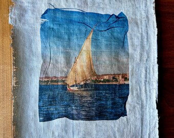 Sailing along the Nile at Aswan, inkjet pigment lift on Egyptian papyrus
