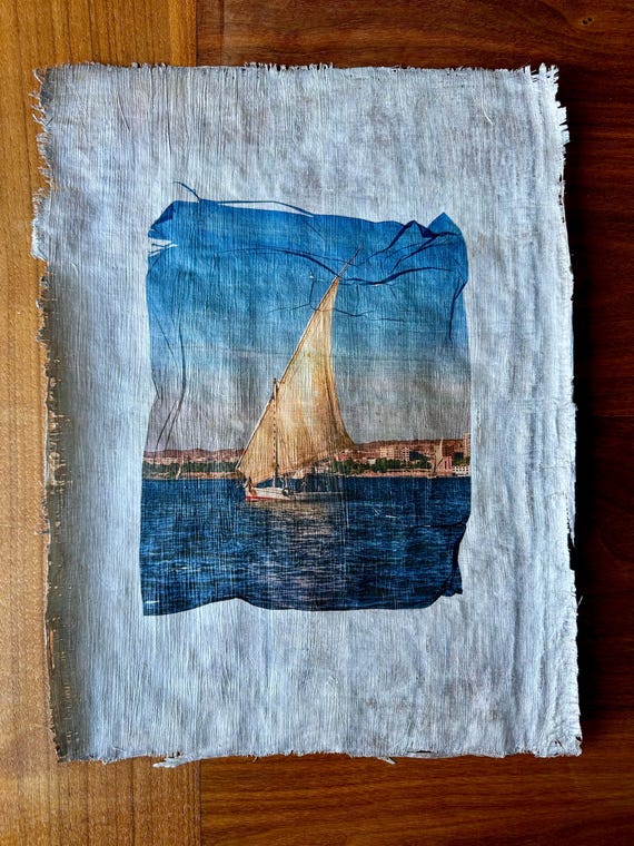 Sailing along the Nile at Aswan, inkjet pigment lift on Egyptian papyrus