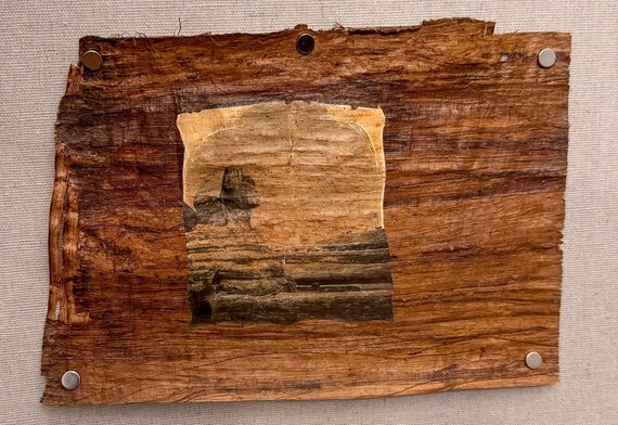 Only the Sphinx Knows, Polaroid™ emulsion lift on dark Egyptian papyrus
