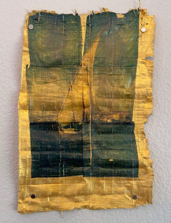 Sailing along the Nile at Aswan, Six Polaroid™ emulsion lift on Egyptian papyrus