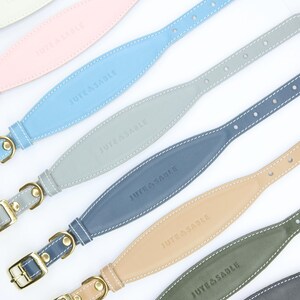 Pu&ograve; includere: Una collezione di collari per cani in pelle in vari colori pastello, tra cui verde chiaro, rosa, blu, grigio, beige e verde scuro. Ogni collare presenta cuciture bianche, una fibbia color oro e il testo "JUTE & SABLE".