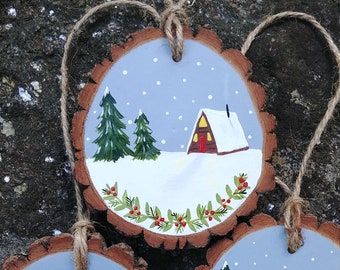 Snowy A-Frame Cabin Wood Slice Ornament, Rustic Ornament, Wooden  Ornament, Hand Painted Ornament, AFrame Cabin