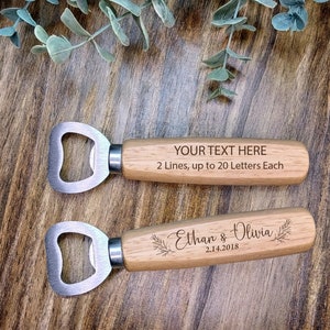 Custom Wood Bottle Opener, Personalized, Wedding Favor, Laser Engraved, Stainless Steel, Couples Gift