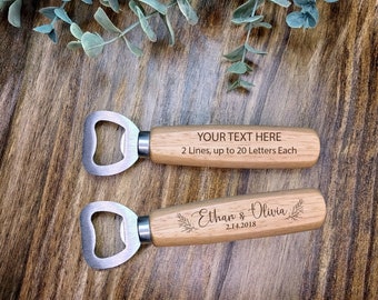 Custom Wood Bottle Opener, Personalized, Wedding Favor, Laser Engraved, Stainless Steel, Couples Gift